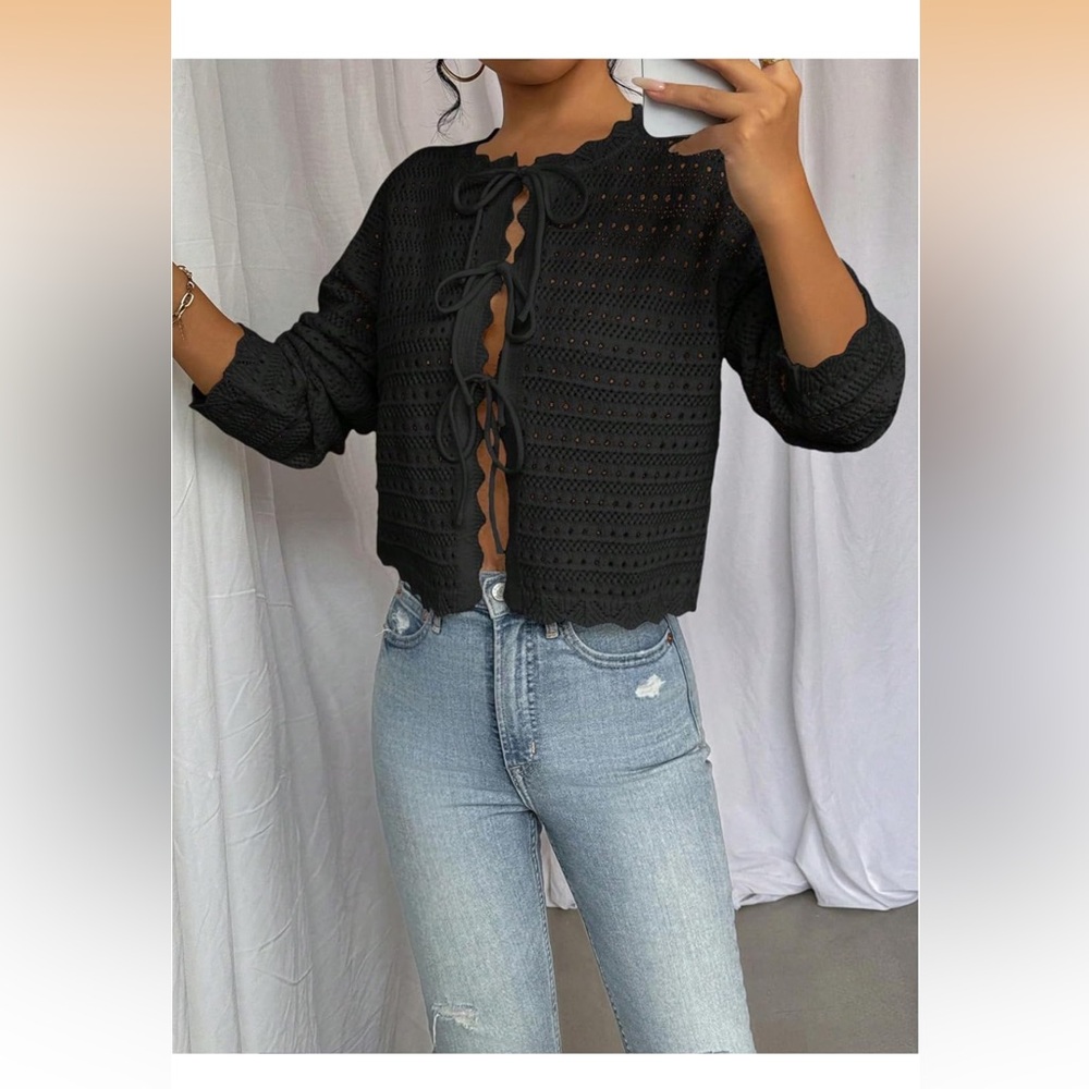 Tie Front Cardigan Scallop Crewneck Long Sleeve Knit Sweater